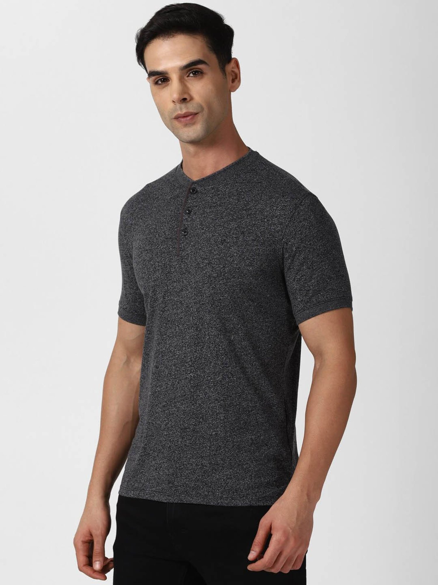 V Dot Grey Slim Fit Texture Henley T-Shirt