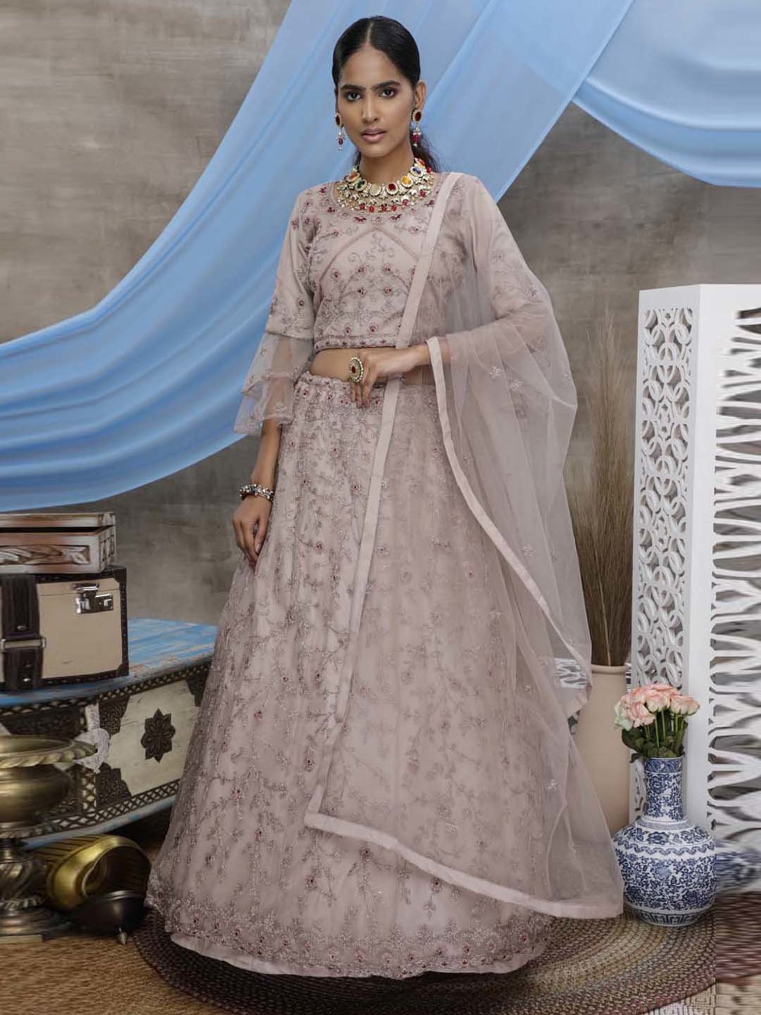 SHUBHKALA Dusty Purple Embroidered Lehenga Choli Set With Dupatta