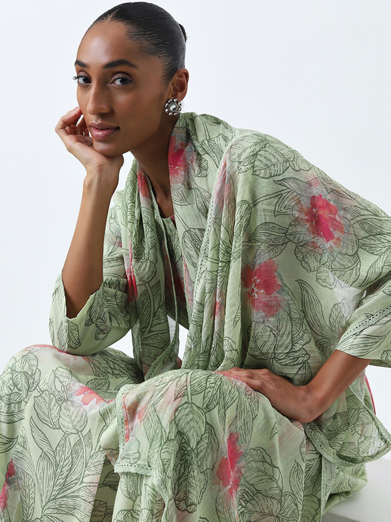 Zuba by Westside Light Green Leaf Printed A-Line Kurta