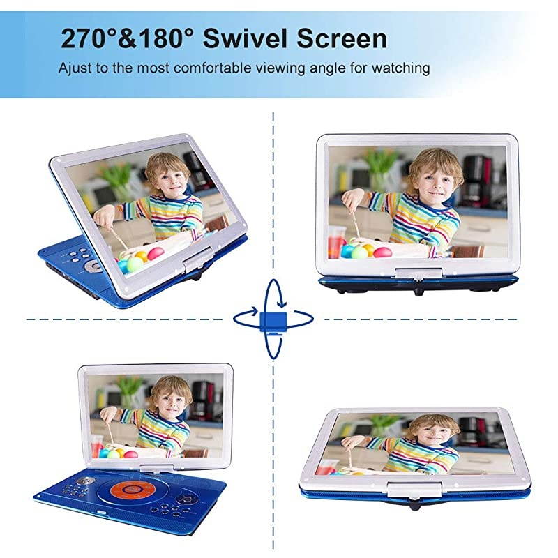 Portable DVD Player with 14.1" Large Swivel Screen, Car DVD Player Portable with 5 Hrs Rechargeable Battery, Mobile DVD Player for Kids, Sync TV, Support USB SD Card with Car Charger (Blue)
