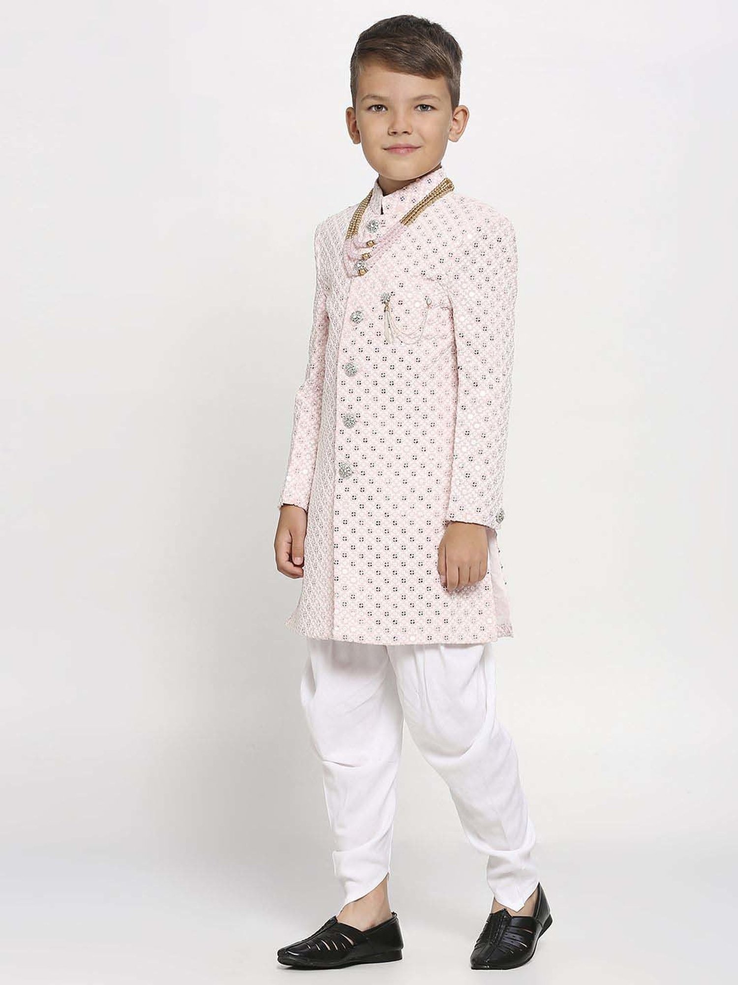 Kids Island Boys Pink & White Embroidery Full Sleeves Kurta Set