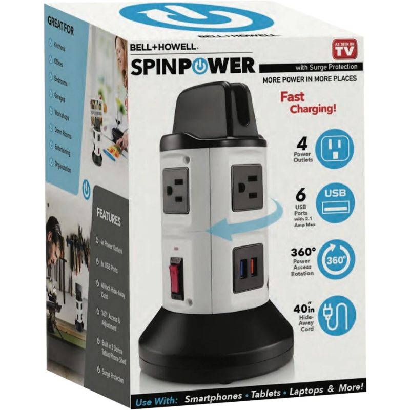 Bell and Howell Spin Power Strip Tower Surge Protector Electric Charging Station 4 Outlets 6 USB Ports with 7ft Retractable Cord Built-in Phone Holder As Seen On TV