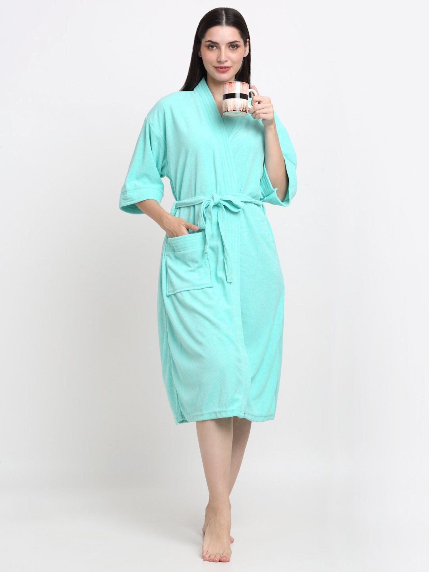 Creeva Everyday Sea Green 225 GSM Micro Terry Bathrobe with Front Pocket & Kimono Collar