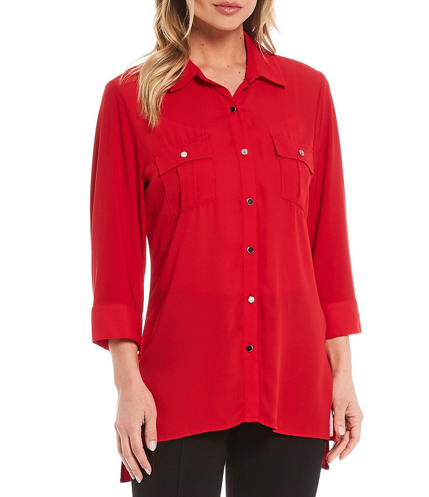 Slim Factor by Investments Bridget 3/4 Sleeve Button Front Hi-Low Top