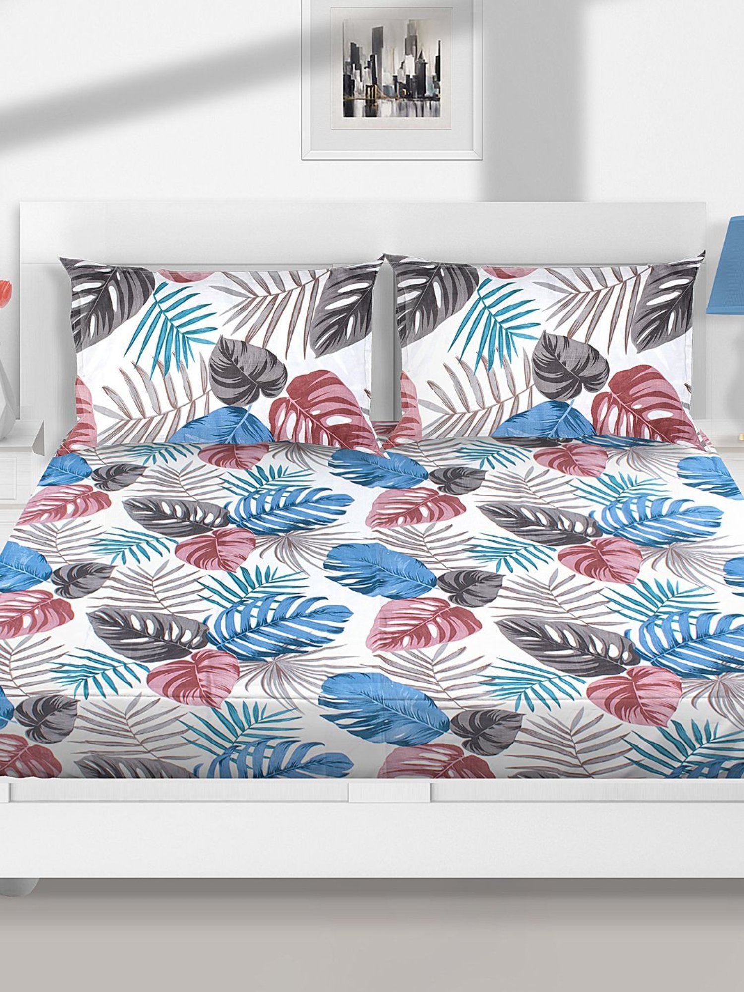 @home Utopia Foliole Floral Blue 110 GSM Cotton Blend Double Bed Sheet with 2 Pillow Covers