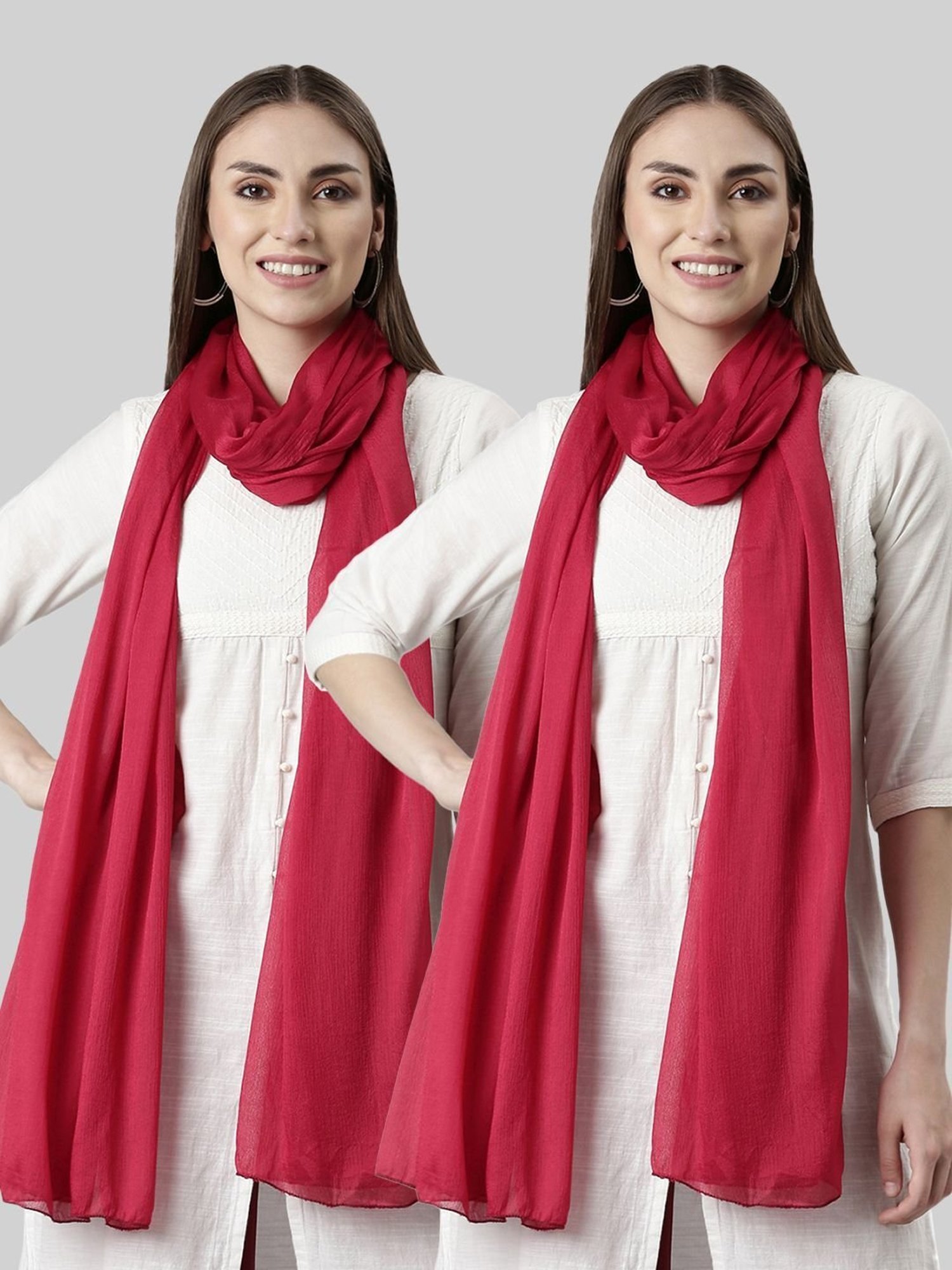 TWIN BIRDS Red Plain Dupatta - Pack Of 2