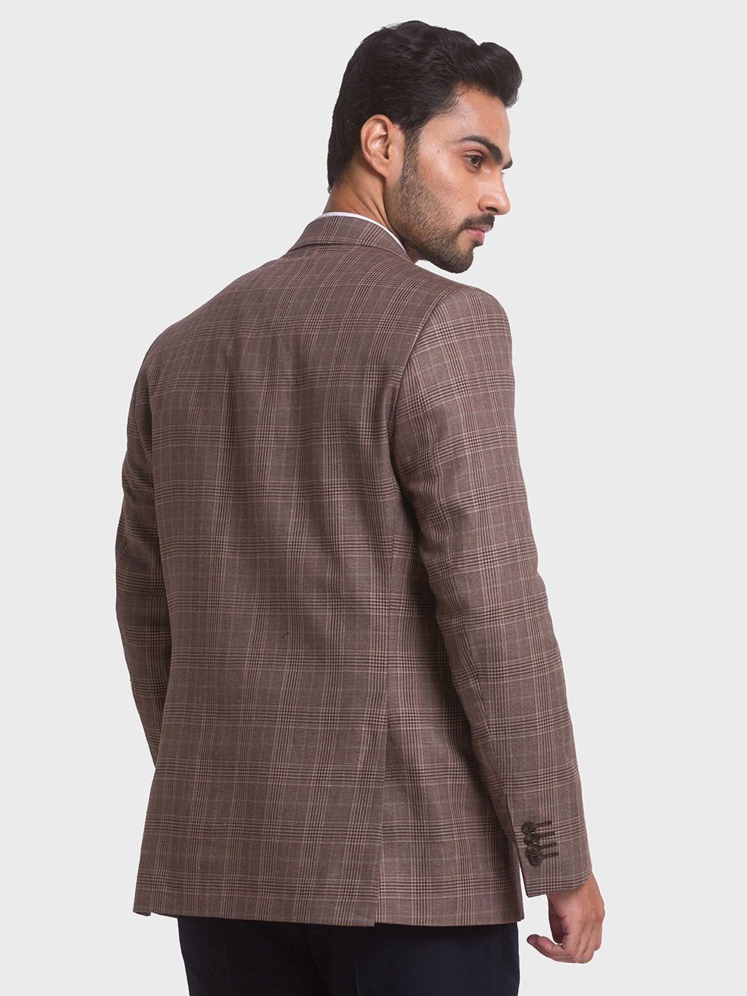 ColorPlus Brown Linen Regular Fit Checks Blazer