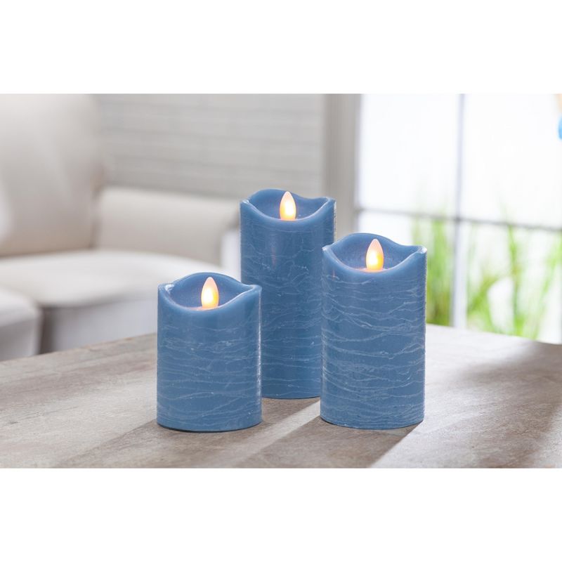 Everlasting Glow Set of Three 3 Blue LED Pillar Candles with Aurora(R) Flame and Remote Control