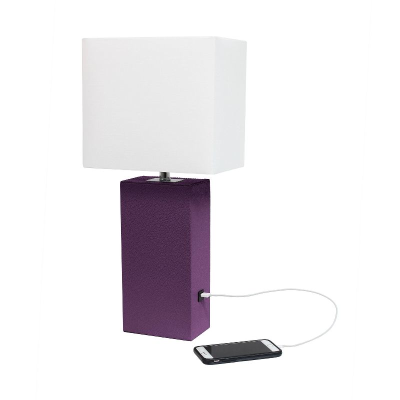 Modern Leather Table Lamp with USB and Fabric Shade Eggplant - Elegant Designs