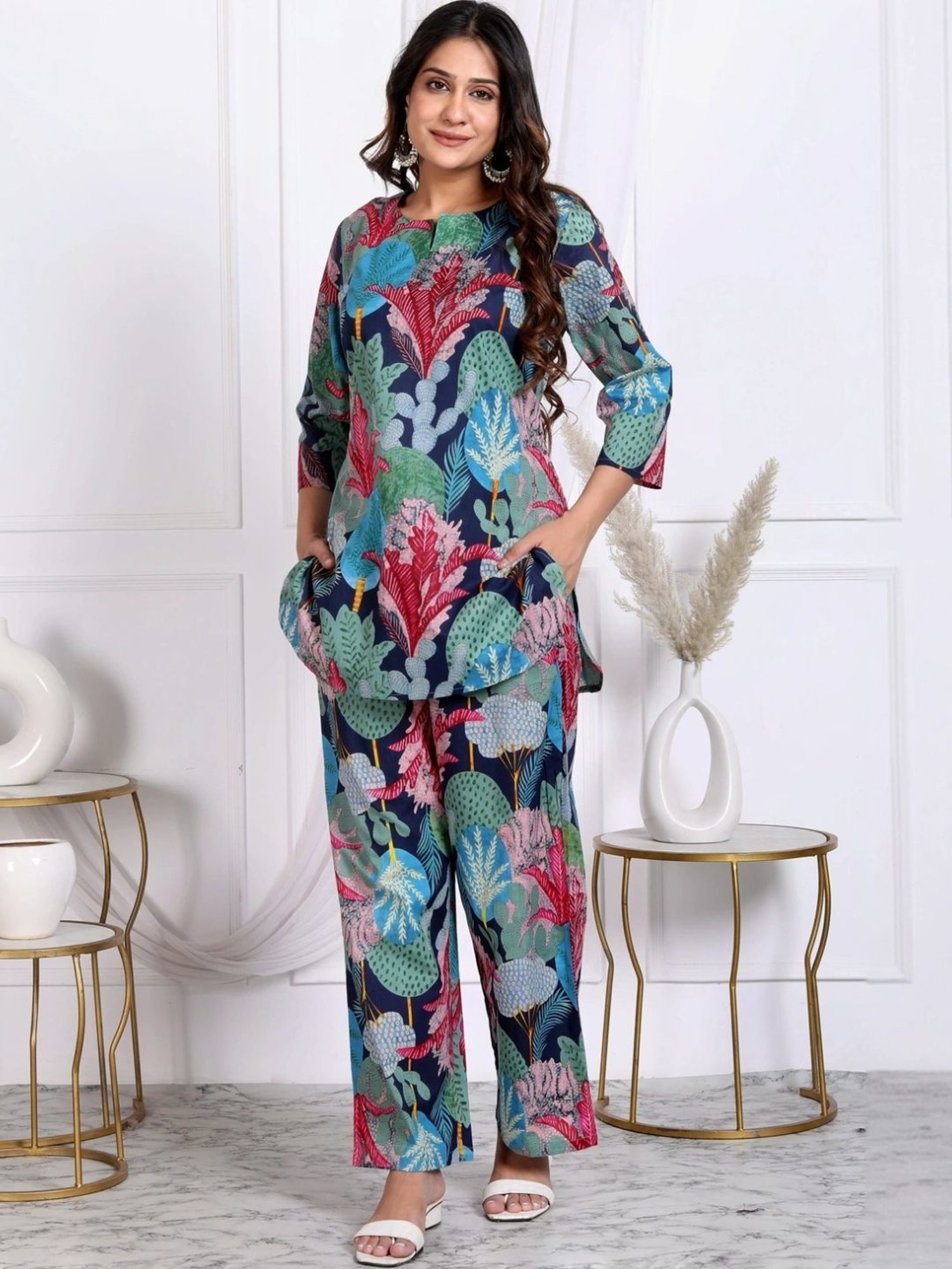 Kaftanize Multicolored Tropical Collage Printed Cotton Tunic with Pant