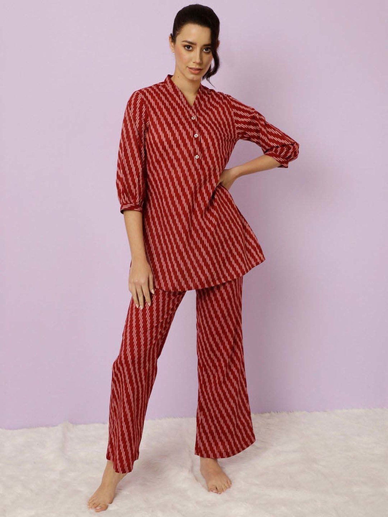 Jaipur Kurti Maroon Cotton Printed Tunic Palazzos Set