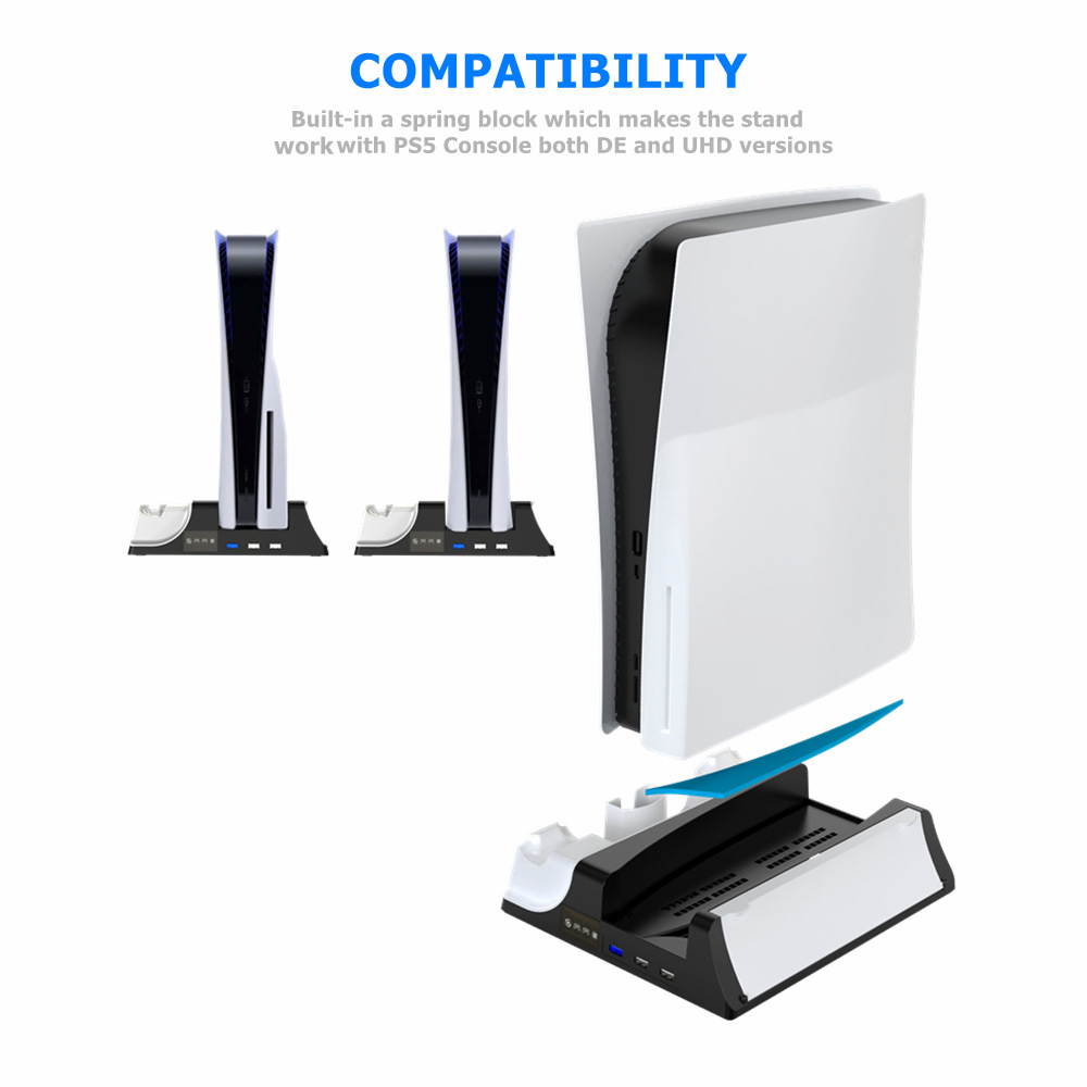 PS5 multifunctional Cooling Stand with Charging Station and Suction Cooling Fan, Dual Controller Wireless Charger Station, Charging Dock Station and Game Slots