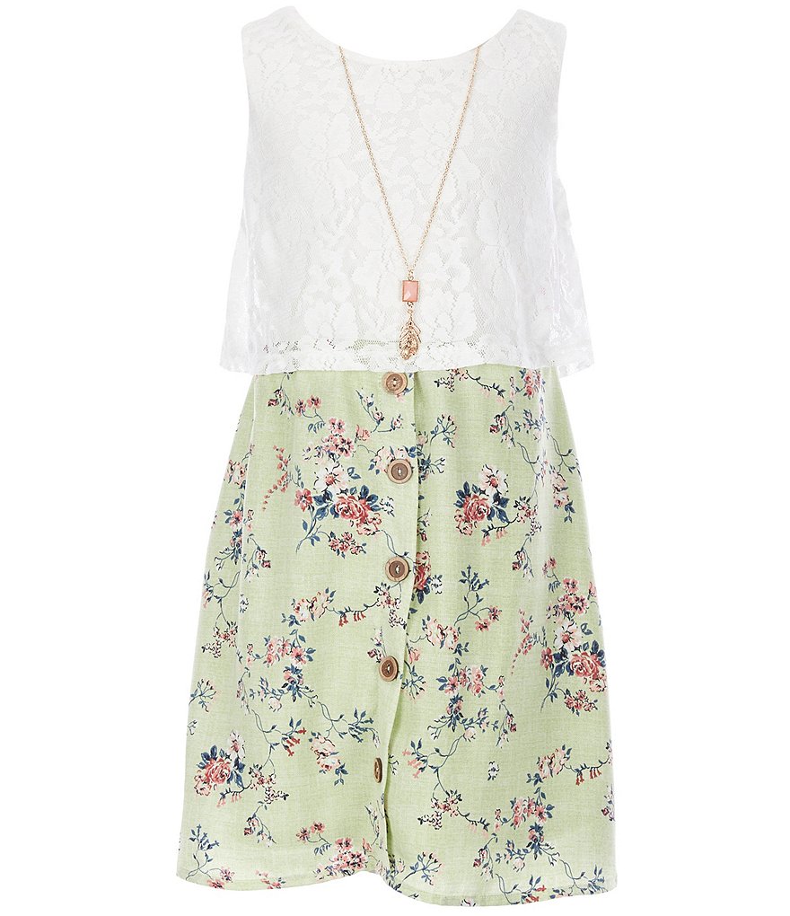 I.N. Girl Big Girls 7-16 Lace-Bodice/Printed Linen-Look Skirt Popover Dress