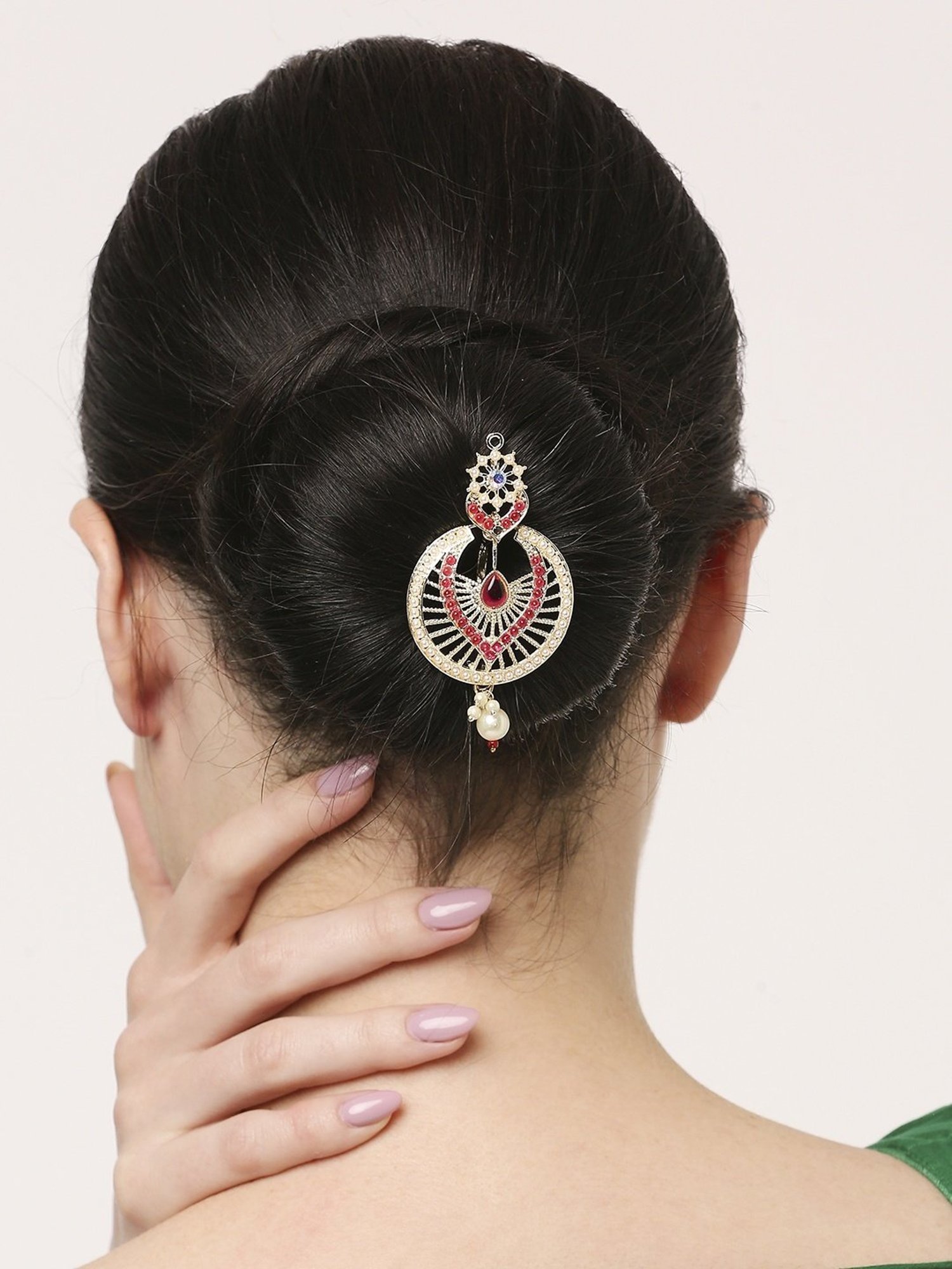 OOMPH Maroon Stones Hair Bun Pin Juda Pin Ethnic Chandbali Style
