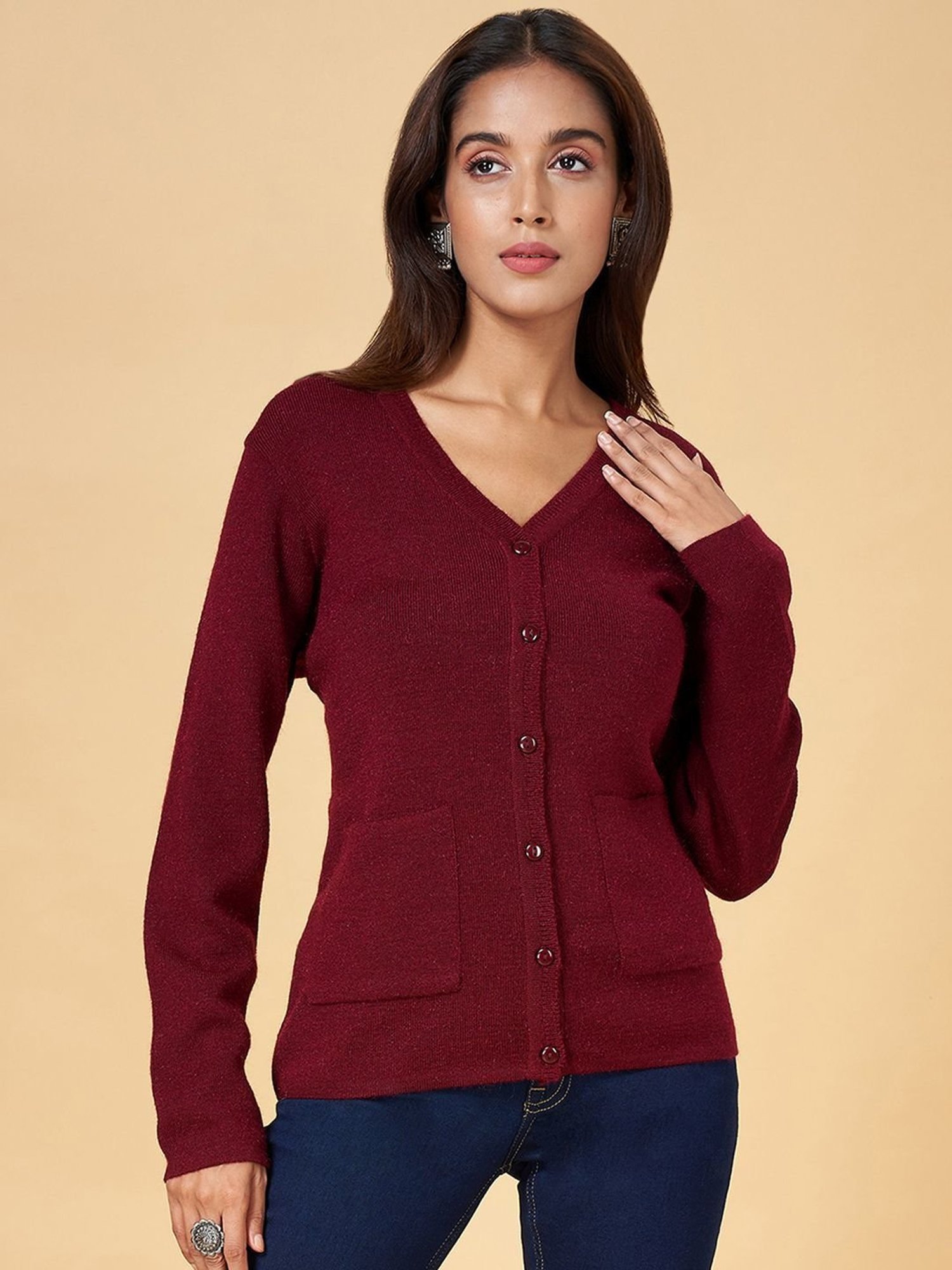 Rangmanch by Pantaloons Maroon Plain Cardigan