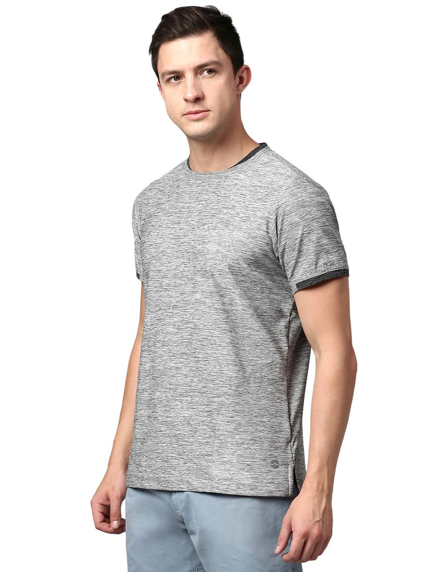Slowave Grey Regular Fit Self Design T-Shirt
