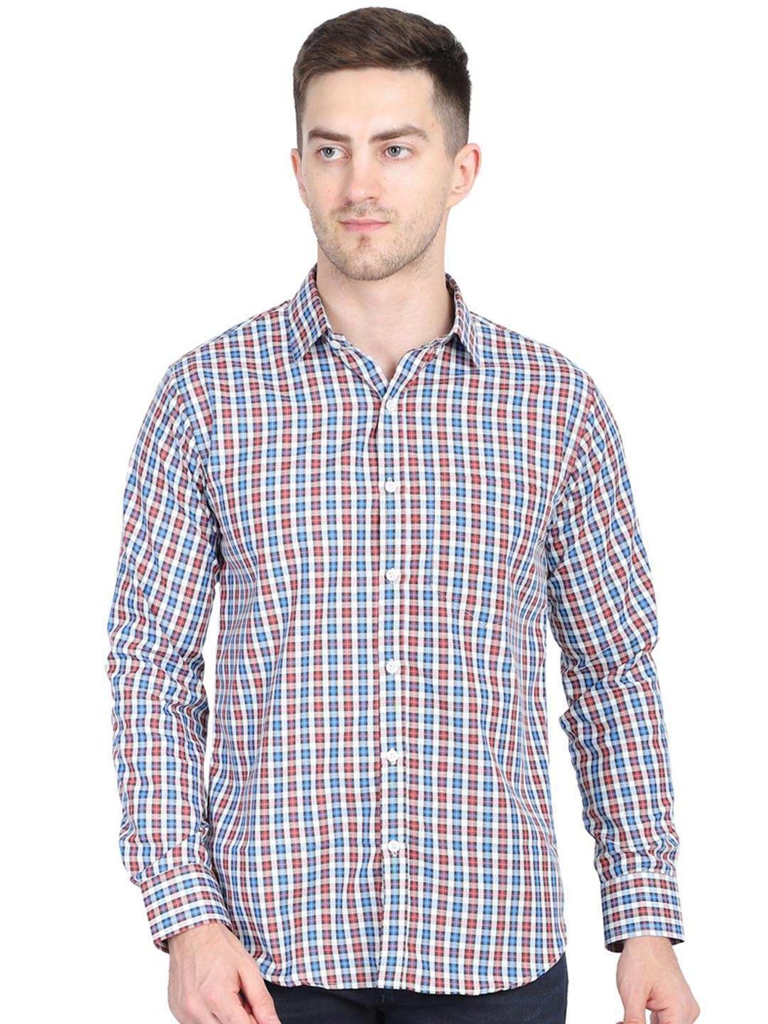 TAHVO Blue Cotton Slim Fit Checks Shirt