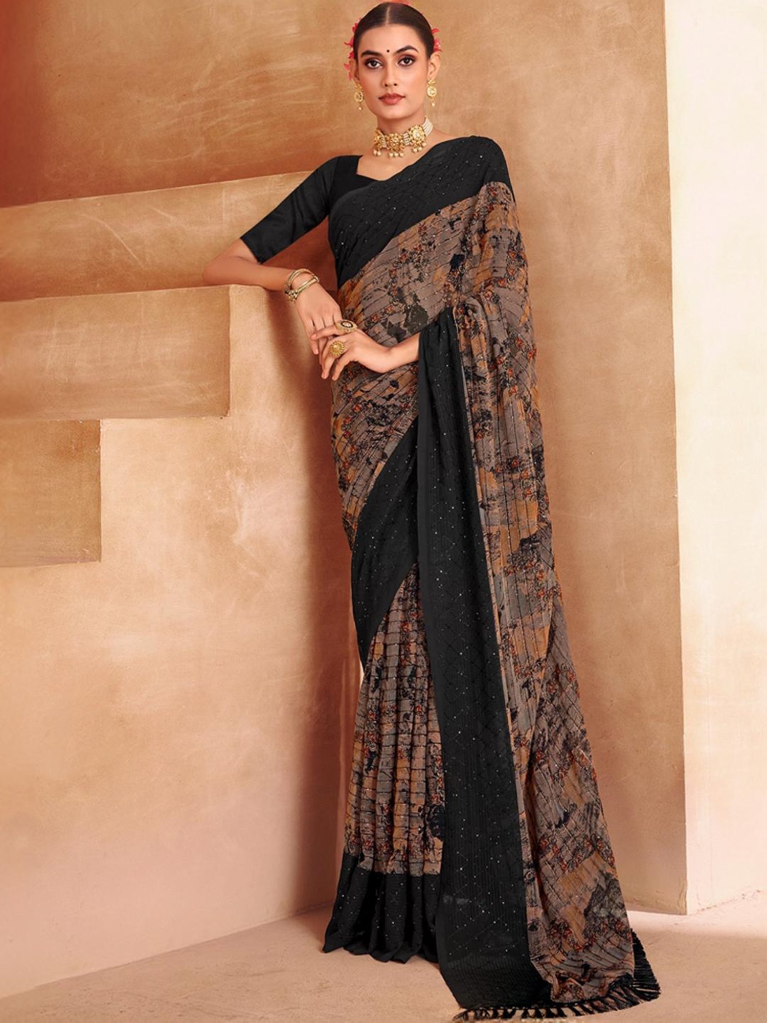 Satrani Brown & Black Embellished Saree With Unstitched Blouse