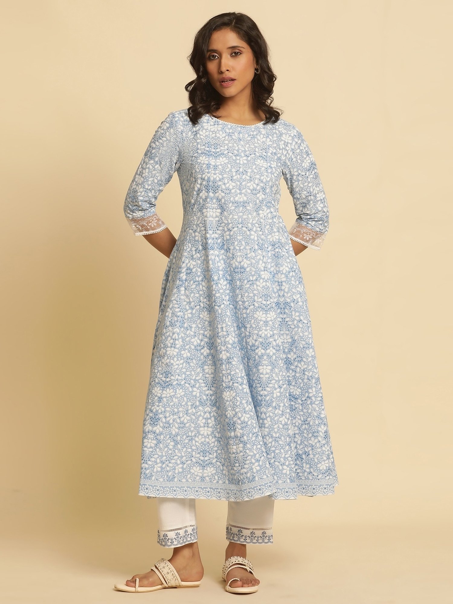 W Blue Cotton Printed Fit and Flare Kurta