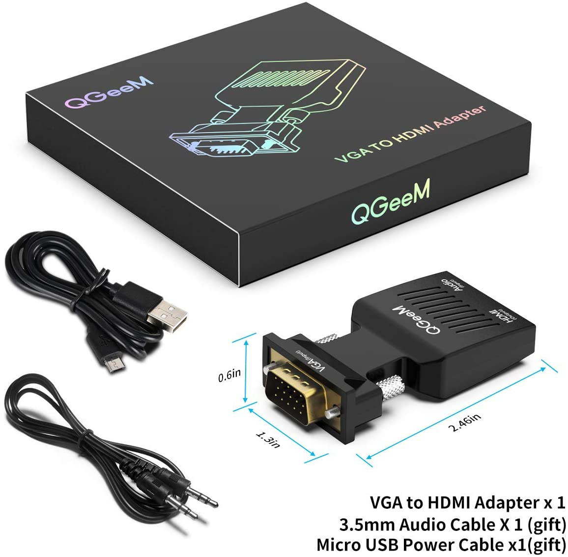 VGA to HDMI Adapter, QGeeM VGA to HDMI Adapter with Audio/1080p Video Output, VGA to HDMI (Male to Female) Converter Dongle adapter for Monitor, Computer, Laptop, Projector, VGA to HDMI Converter