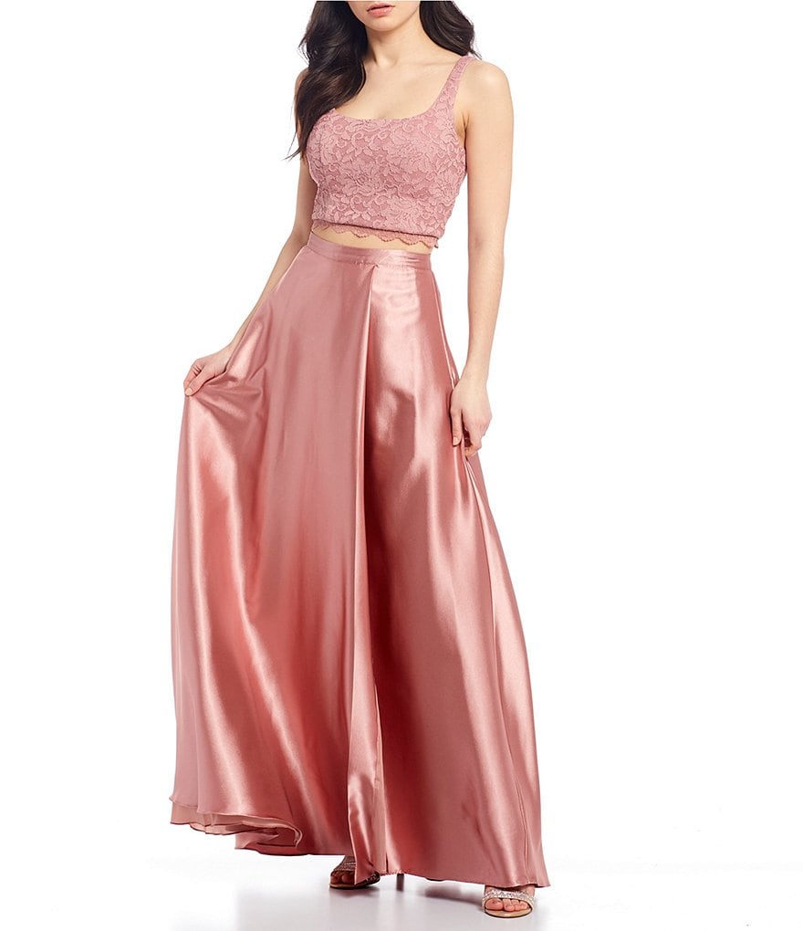 Sequin Hearts Glitter Lace with Side Slit Satin Skirt Two-Piece Long Dress