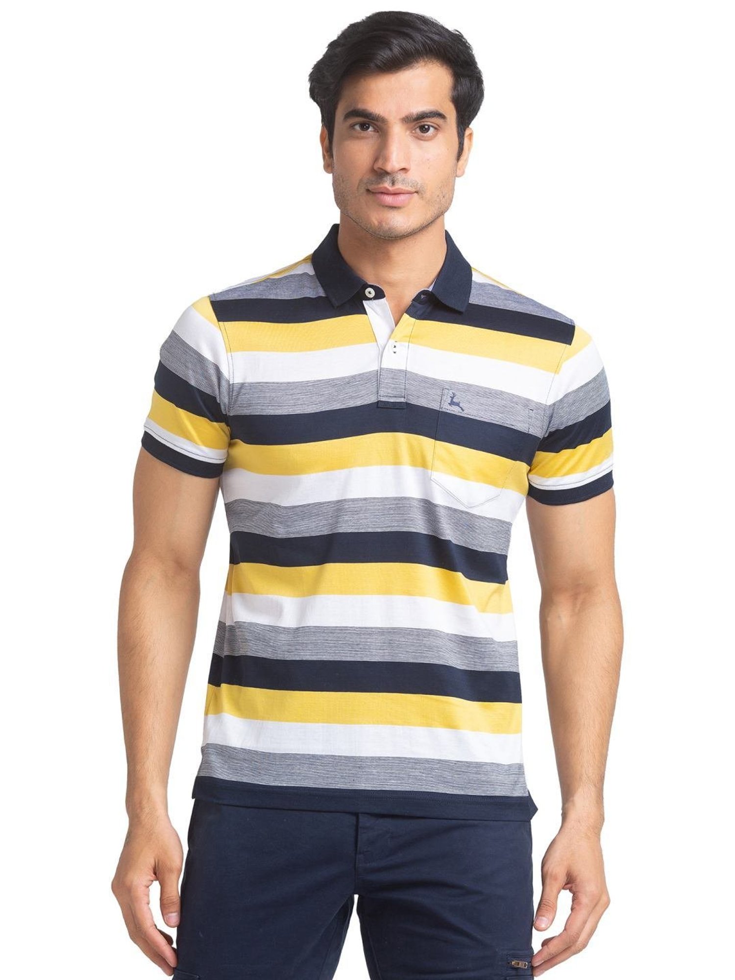 Parx Blue Pure Cotton Regular Fit Striped Polo T-Shirt