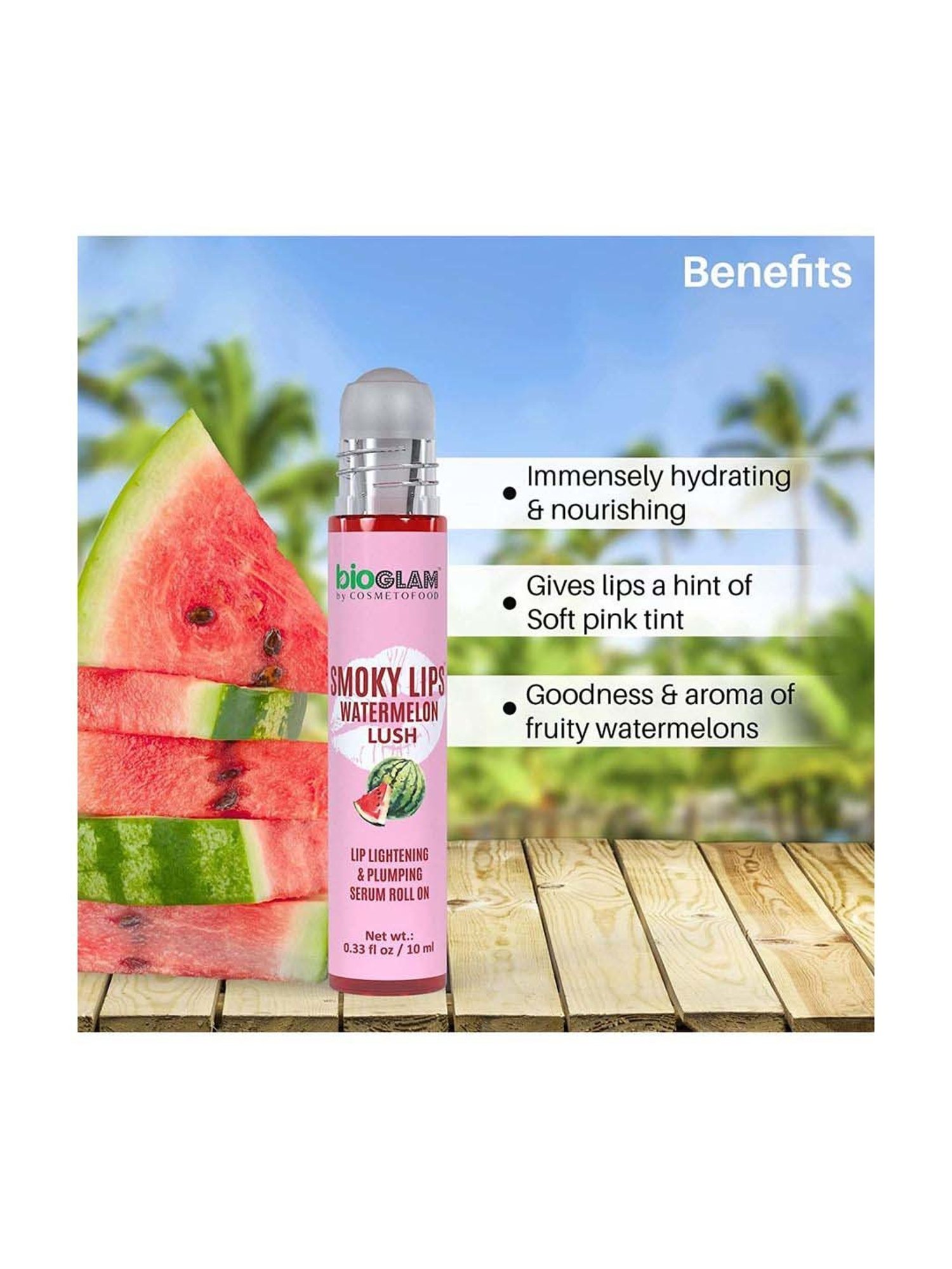 Cosmetofood Bioglam Smoky Watermelon Lush Lip Lighten and Plump Serum Roll On For Plump Lip - 10 ml