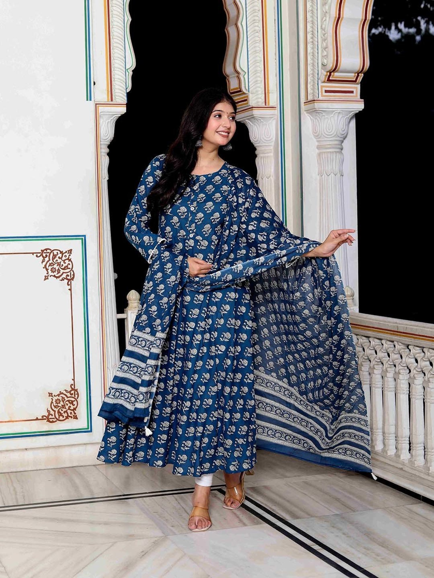 Miravan Blue Floral Print Anarkali Kurta With Dupatta
