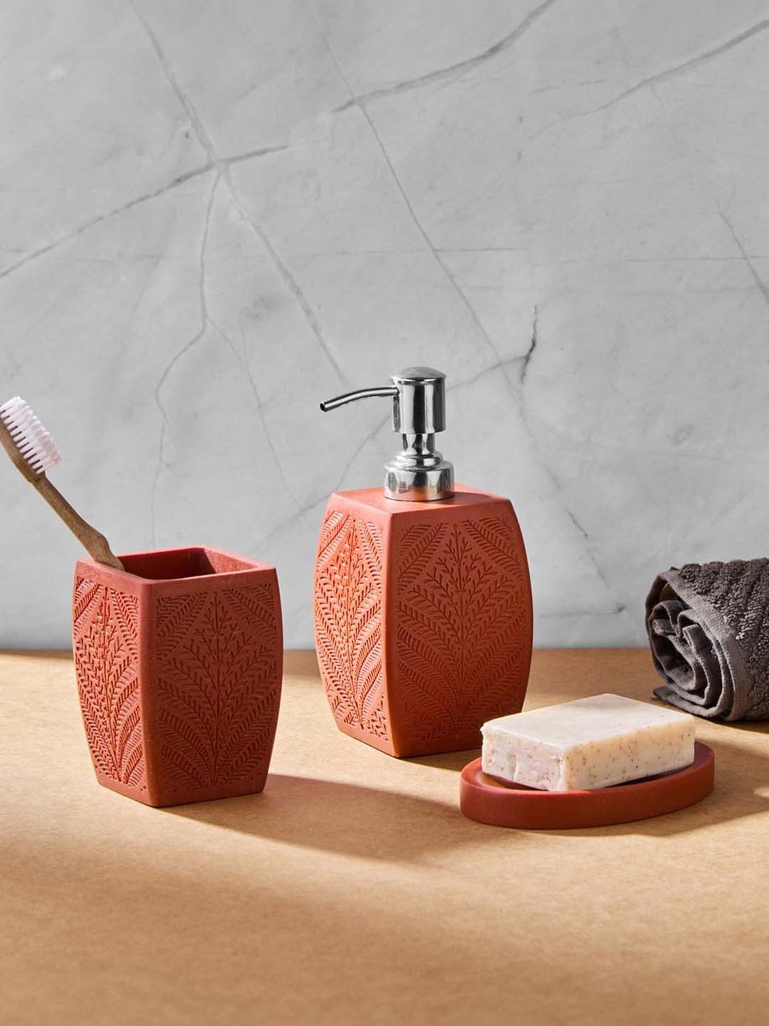 Fabindia Home Parni Red Stone 3Pcs Bath Accessories Set