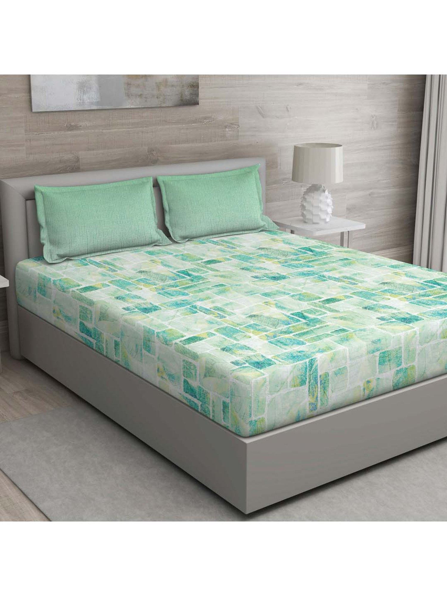 GM Green 100% Cotton 144 TC Queen Bedsheet Set