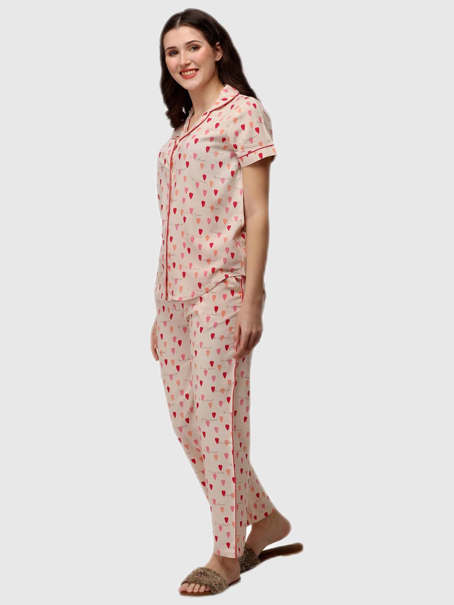 Soie Peach Heart Print Pajama Set