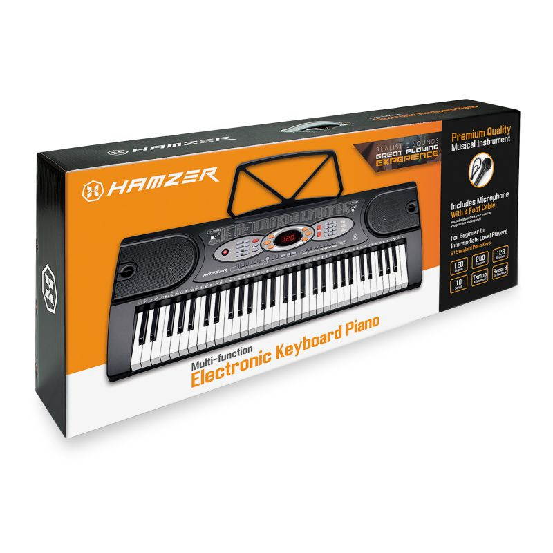 Hamzer 61-Key Electronic Keyboard Portable Digital Music Piano with X Stand, Microphone & Sticker Set