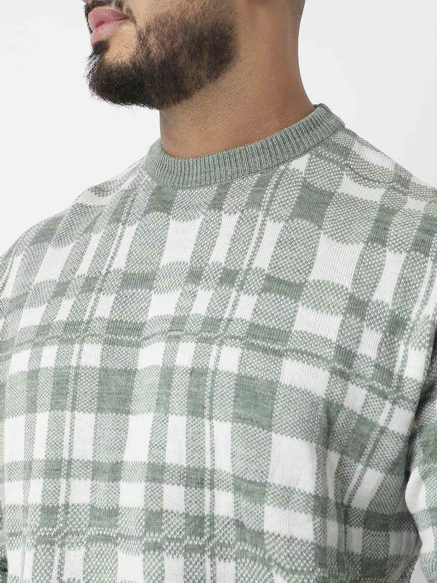 Instafab Plus Olive Green Regular Fit Checks Plus Size Sweater