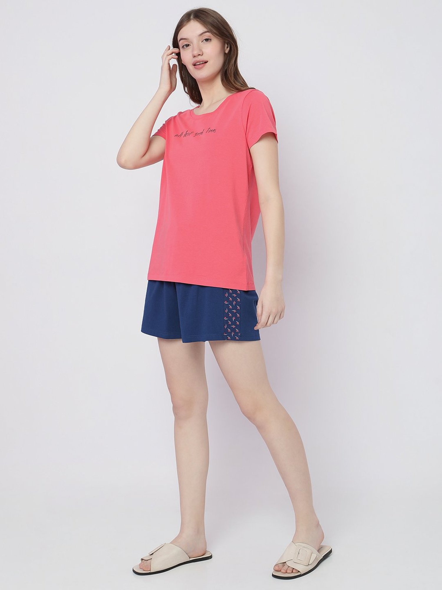 Vero Moda Intimates Pink & Navy Printed T-Shirt With Shorts