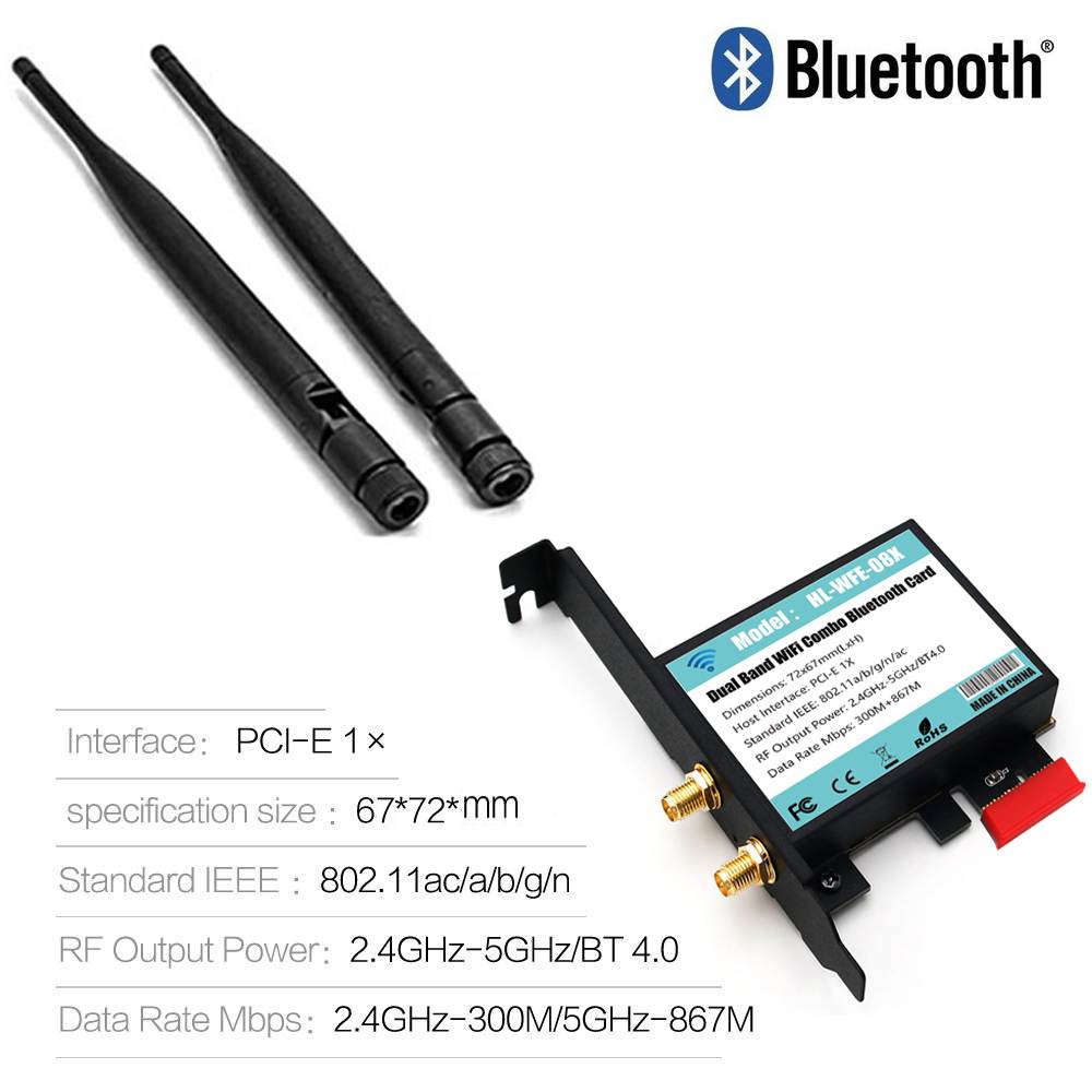 802.11AC Desktop Wifi Card 802.11 A/B/G/N/AC Bluetooth 4.0 AC1200 2.4Ghz-300Mbps/5Ghz-867Mbps Card With Low Profile bracket