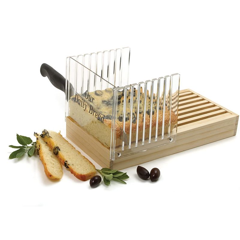 Norpro Wooden Kitchen Countertop Sourdough Bread Bagel Slicer with Clear Acrylic Slice Guider & Crumb Catcher Tray, Brown