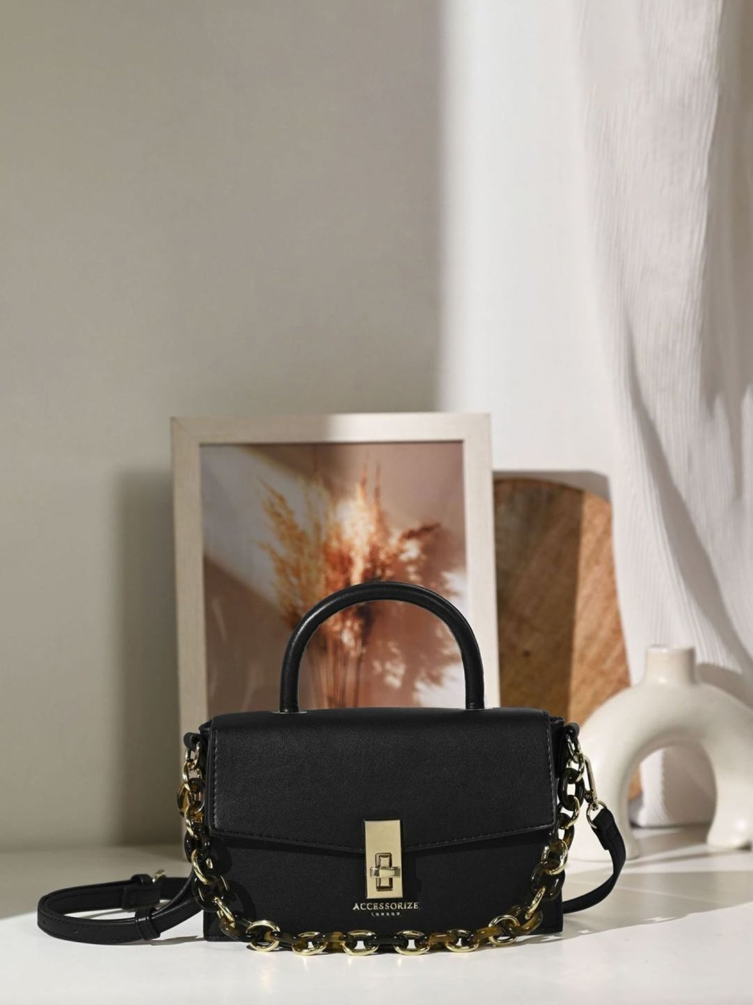 Accessorize London Black Faux Leather Solid Satchel Handbag