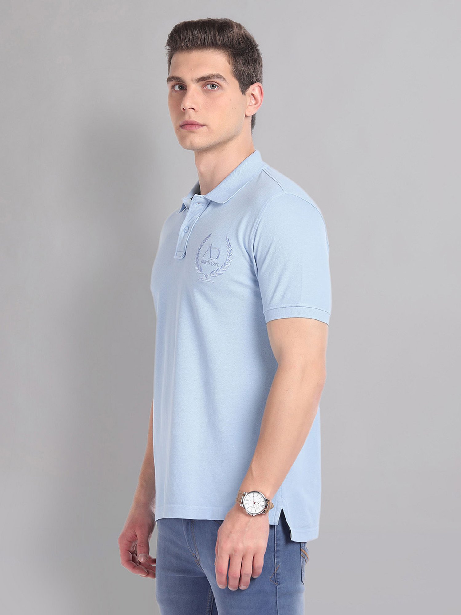 AD by Arvind Light Blue Slim Fit Embroidered  Logo Polo T-Shirt