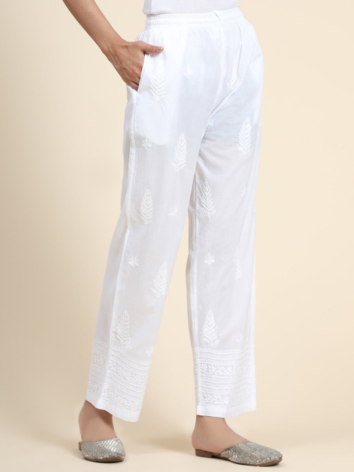 House Of Kari HOK Chikankari White Cotton Pant Trouser
