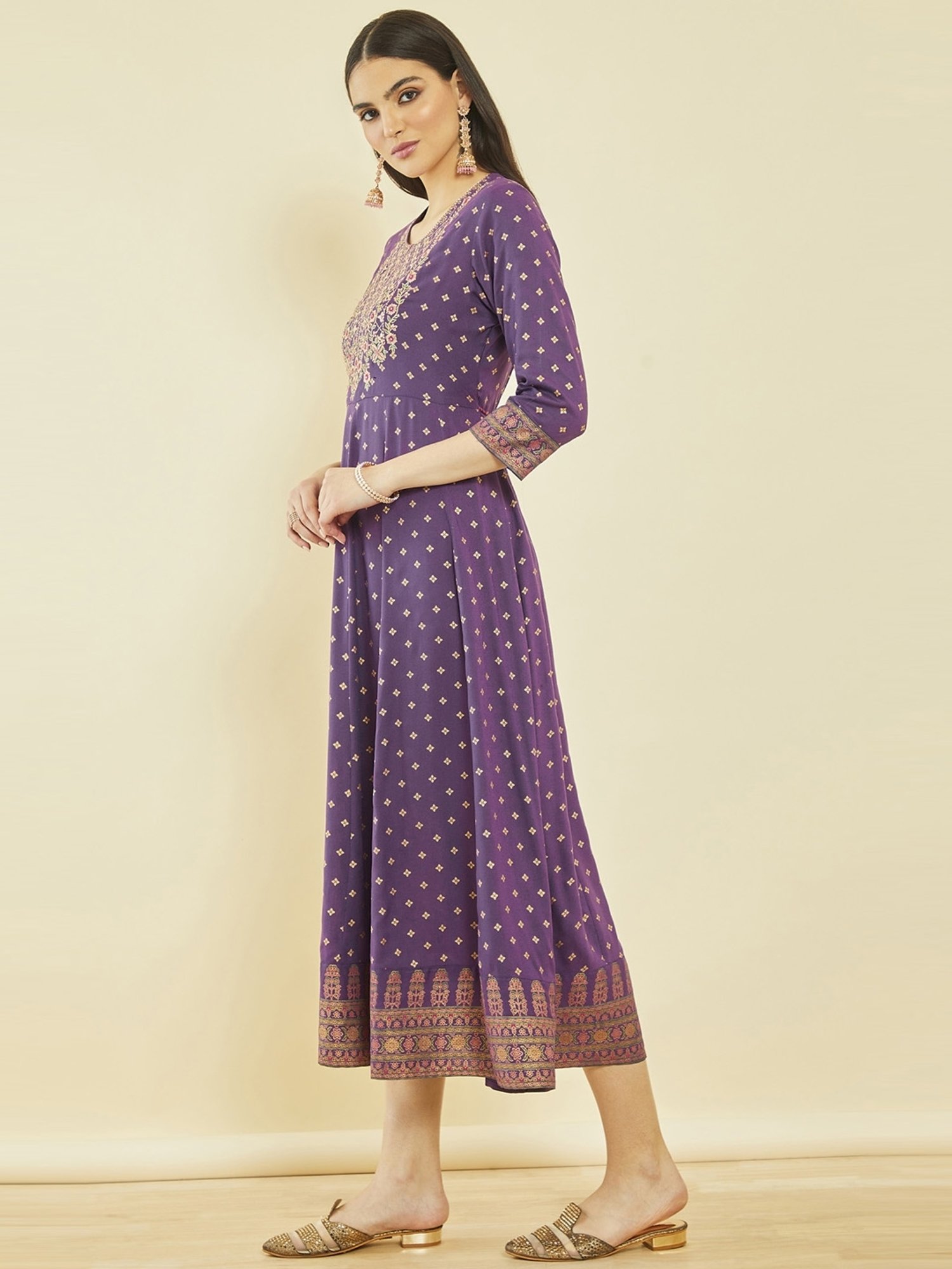Soch Purple Rayon Floral Embroidered Dress Kurta with Waist Tie-Up