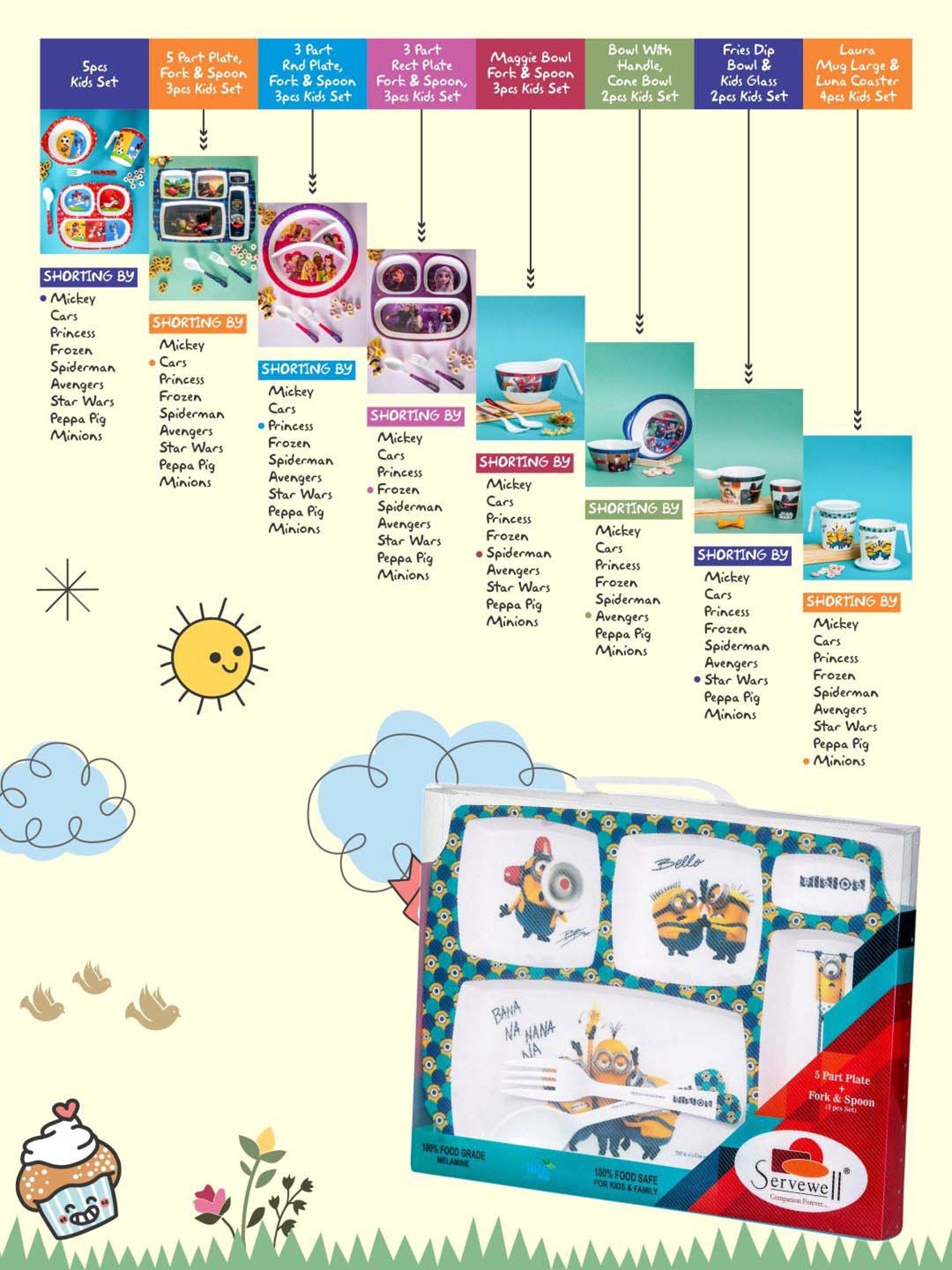 Servewell Minions Yellow Melamine Rectangle Kids 3Pcs Dinner Set