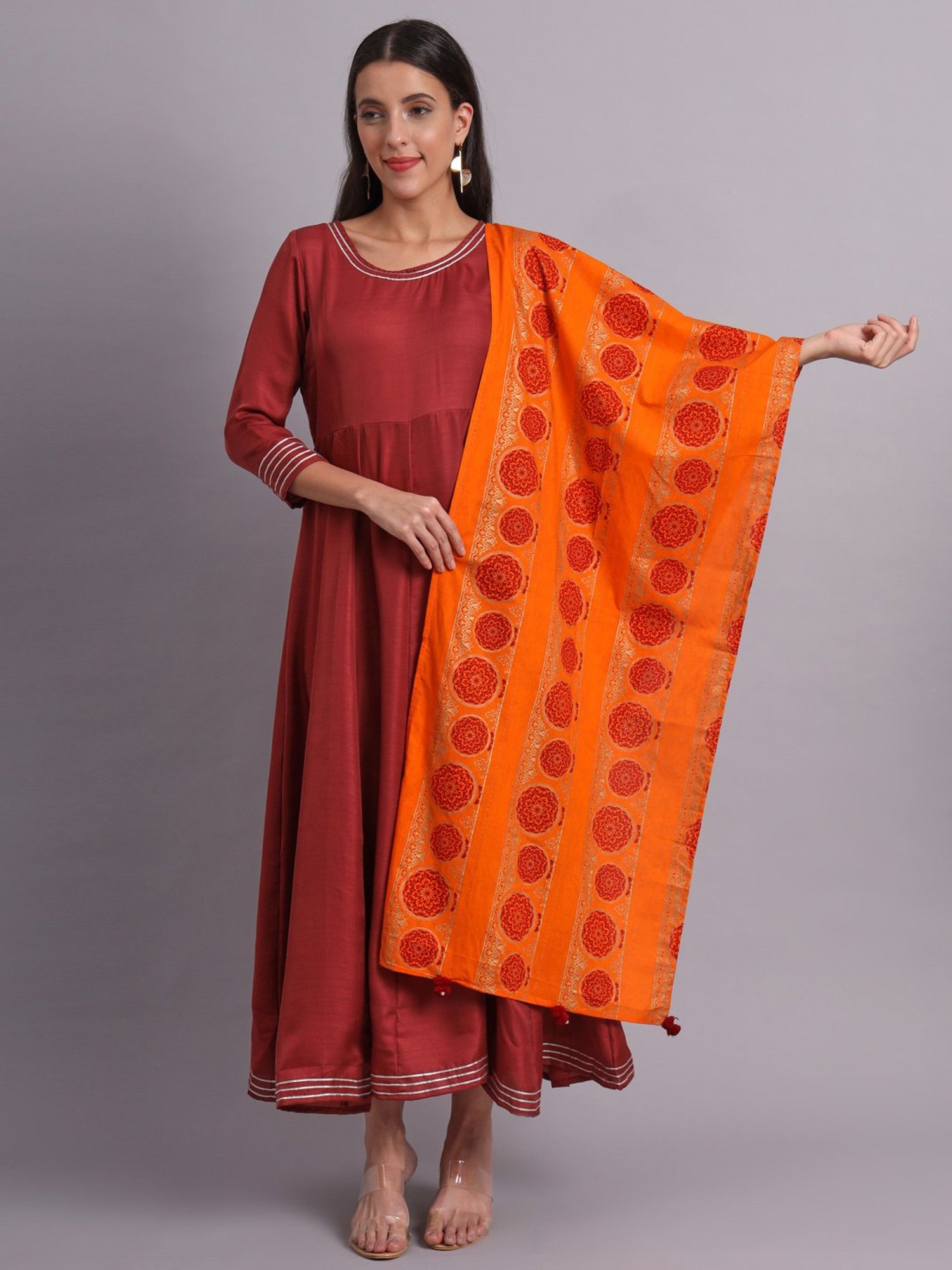 DECKEDUP Orange Printed Dupatta