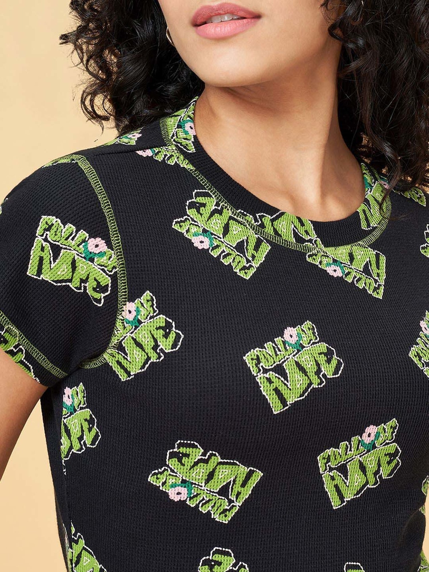 People by Pantaloons Jet Black Printed T-Shirt