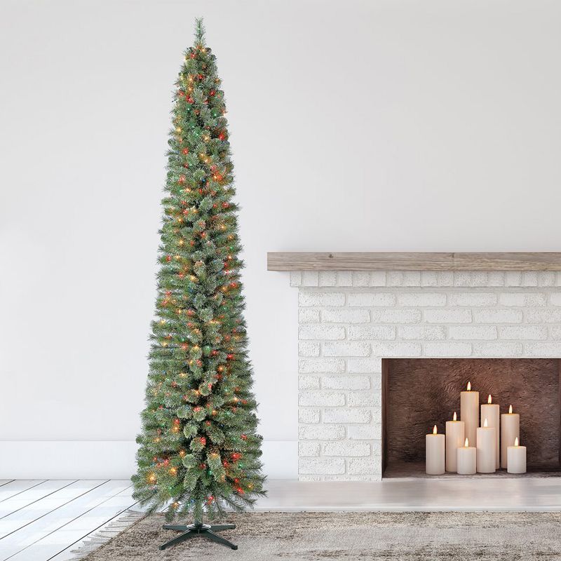 Home Heritage 9 Foot Pre-Lit Skinny Artificial Stanley Pencil Pine Christmas Tree with Multicolor Lights, Foldable Stand and Easy Assembly