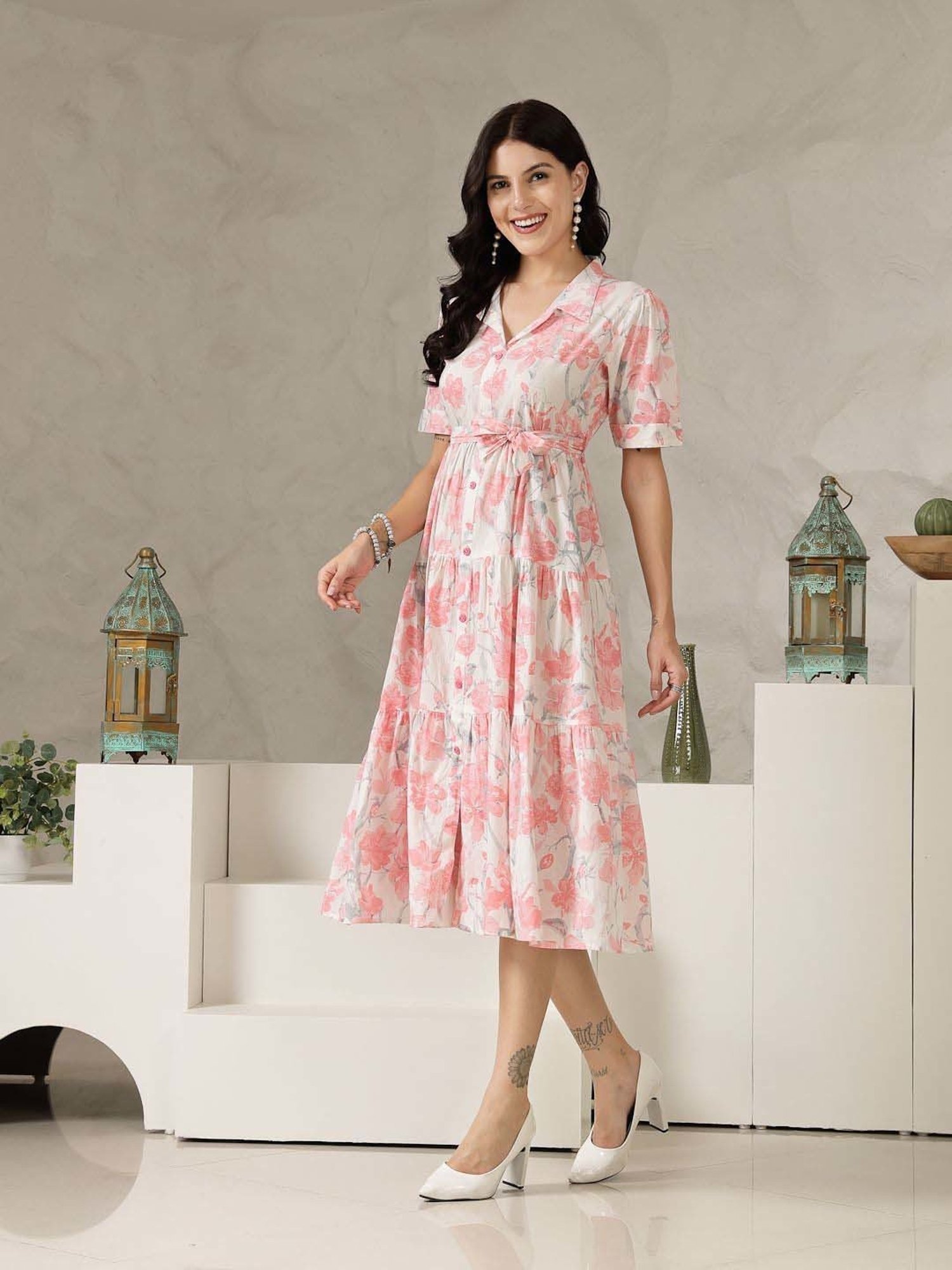 Stylum Pink Cotton Printed A-Line Dress