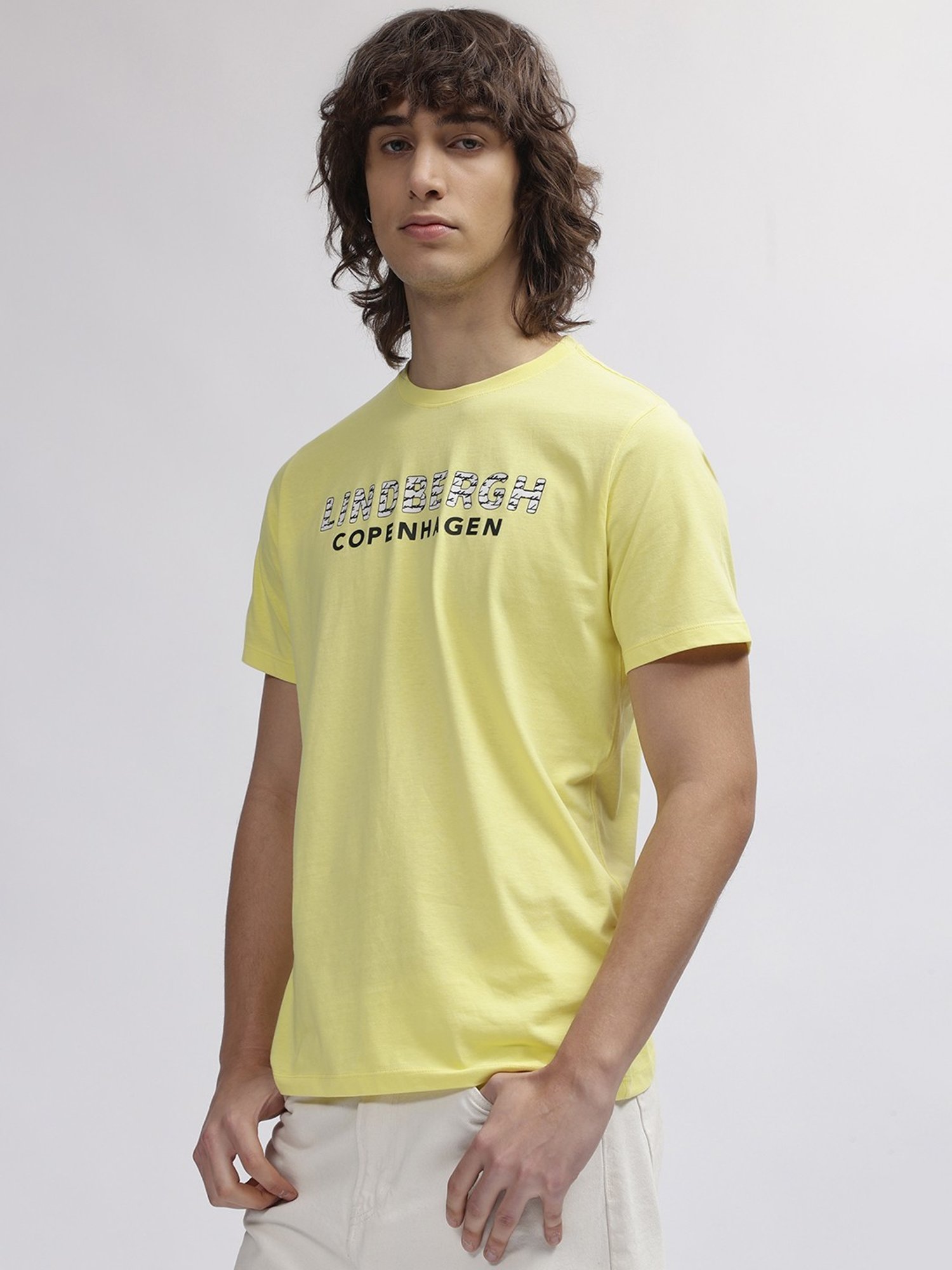 Lindbergh Yellow Cotton Regular Fit Printed T-Shirt