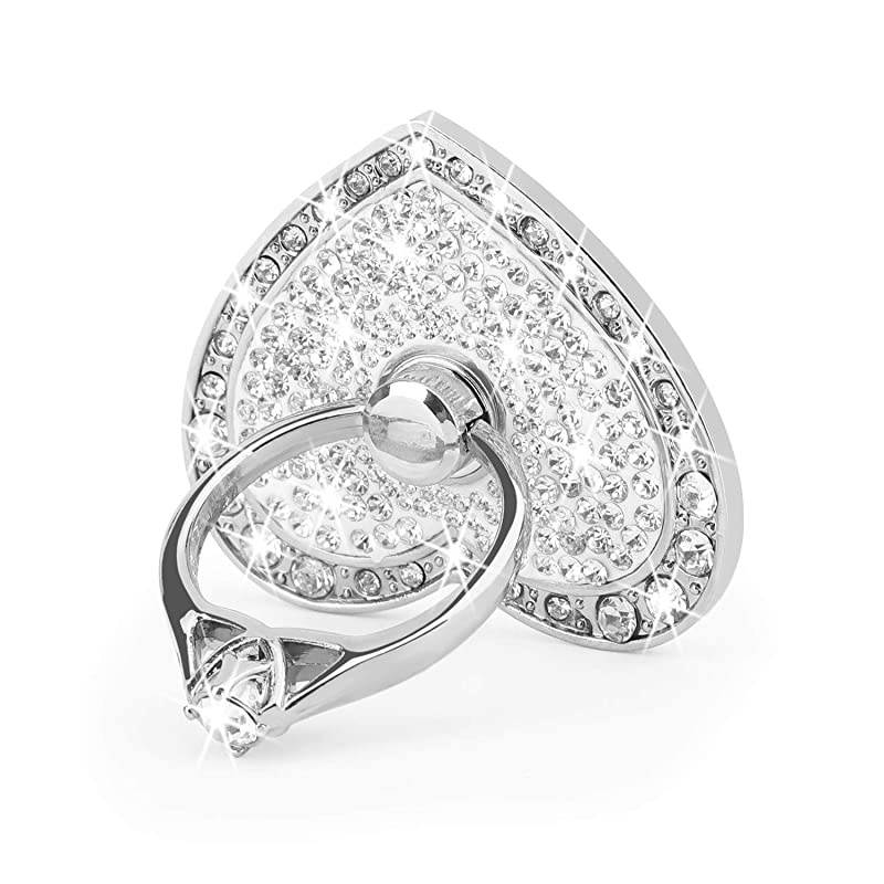 Cell Phone Finger Ring Stand with Sparkly Diamond  Heart Love Phone Ring Kickstand Holder Washable Removable 360&deg;Rotation Zinc Alloy Ring Grip Stand for All Phones Silver