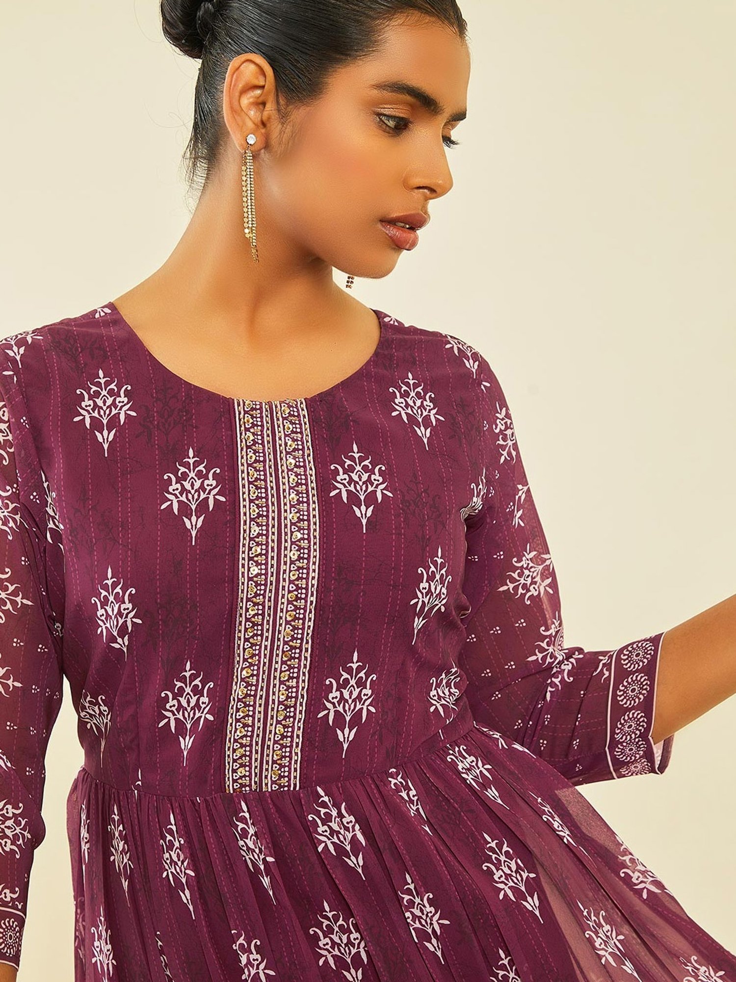 Soch Magenta Georgette Botanical Print Dress with Cutdana Work Yoke