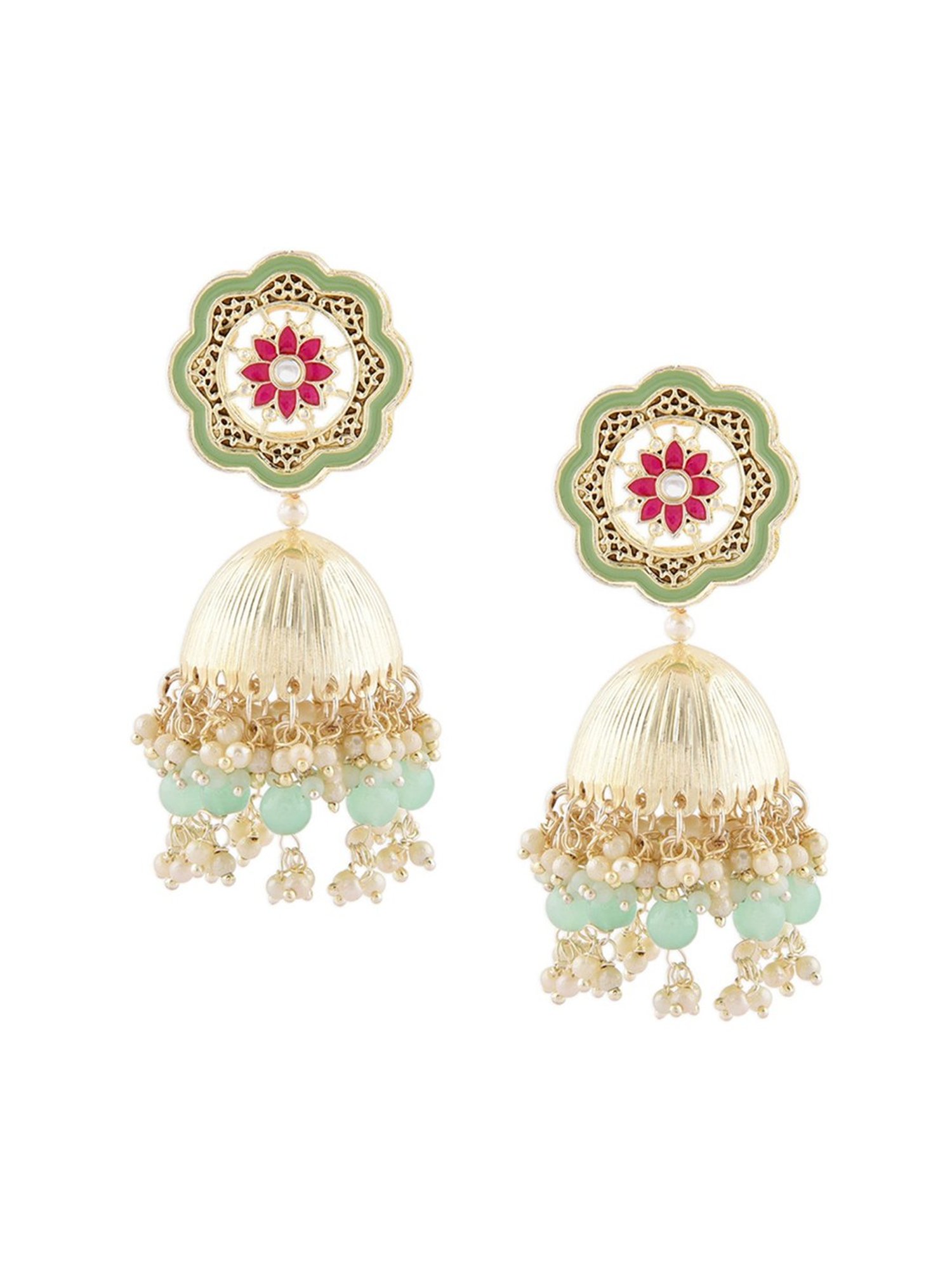 Zaveri Pearls Green & Pink Meenakari Kundan & Cluster Beads Jhumki Earring-ZPFK14715