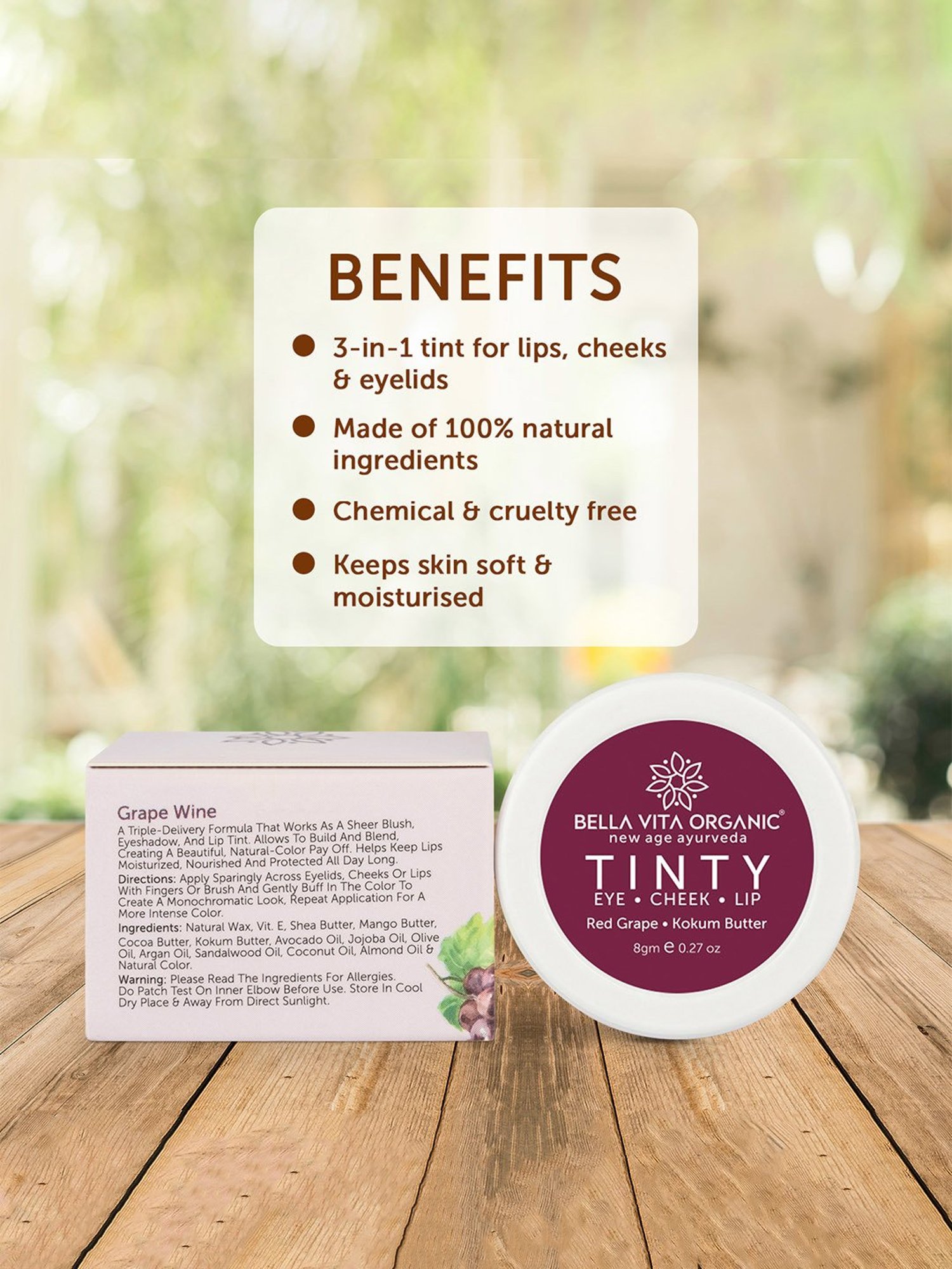 Bella Vita Organic Red Grape 3 in 1 Tinty for Moisturizing & Nourishing- 8 gm